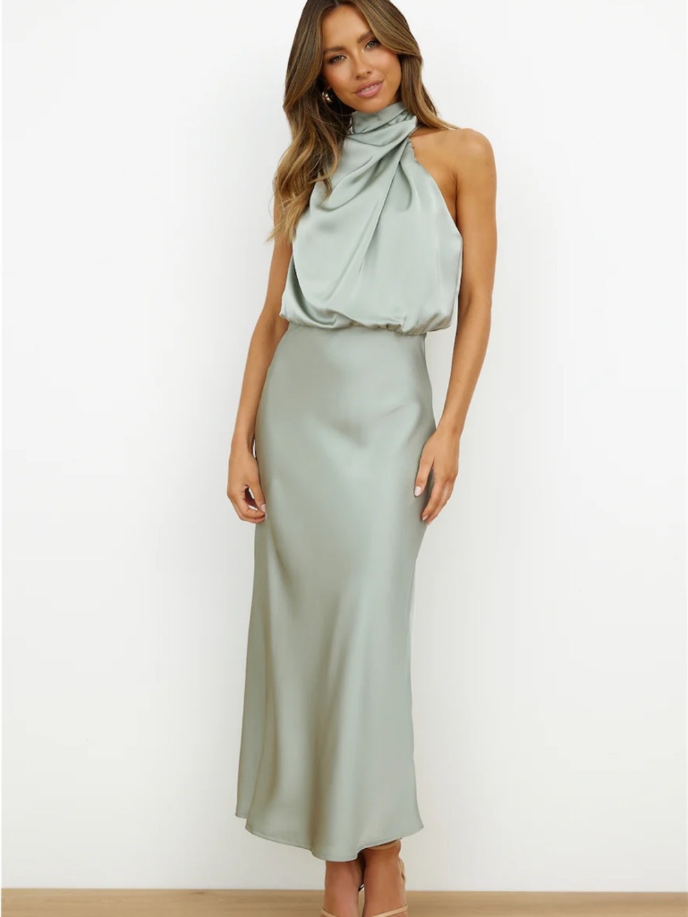 Hello Molly One-Shoulder Sage Green Satin Dress